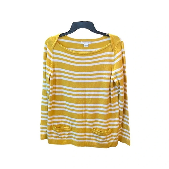 Liz Claiborne women’s long sleeve tunic sweater SZ L yellow white stripe - Picture 1 of 7